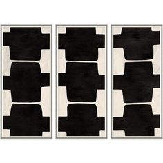 three black and white paintings on a wall with one painting in the shape of a rectangle