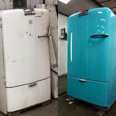 two old refrigerators sitting next to each other