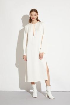 Homepage Dresses – SAINT ART Elegant Daywear Dresses With Side Slits, Elegant White Bias Cut Midi Dress, Chic White Bias Cut Midi Dress, Classic White Silk Midi Dress, Sleek White Bias Cut Dress, Elegant White Dress With Side Slits, Satin Long Sleeve Dress, Saint Art, Charmeuse Fabric