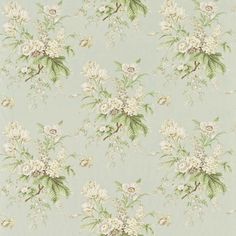 a floral wallpaper with white flowers and green leaves on a light blue background,