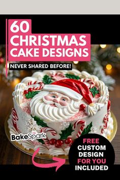 a magazine cover with a santa clause cake on it's cover and the title overlay reads, 60 christmas cake designs never shared before