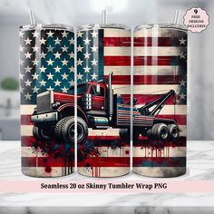 three tumblers with the american flag painted on them, one has a truck and the other has an american flag