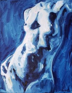 a painting of a white dog on a blue background