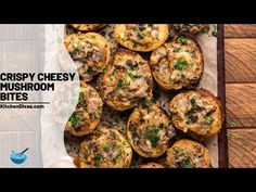 crispy cheesy mushroom bites with parsley on top and the title overlay reads, crispy cheesy mushroom bites