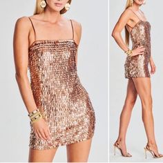 Retrofete Nara Sequin Feather Slip Mini Dress Size Xxs Color Bronze/Gold Sleeveless Square Neckline Adjustable Spaghetti Straps Mesh Construction With 3d Sequins Low Back Side Zipper Closure Mini Length Lined Condition: Excellent Condition Sparkly Gold Dress, Sequin Feather Dress, Slip Mini Dress, Color Bronze, Feather Dress, Bronze Gold, Square Necklines, Gold Dress, Nara