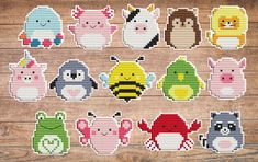 cross stitch pattern with different animals and birds on wood background, including one pig, the other