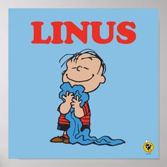 a painting of a cartoon character holding a blue object with the word linus on it