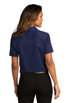 Port Authority ® Ladies Short Sleeve SuperPro ™ React ™ Twill Shirt - TRUE NAVY - XL | Port Authority Women's Short Sleeve SuperPro React Twill Shirt in True Navy Blue Size XL | Cotton/Polyester Blend Port Authority, Twill Shirt, Ladies Short, Text Style, Office Outfits, Polished Look, One Shoulder Blouse, Royal Blue, Open Shoulder Tops