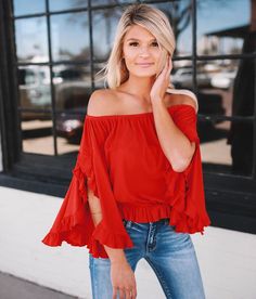 Red Off The Shoulder Top, Classy Dresses, Shop Tops, Boutique Collection, Shoulder Tops, Dresses Ideas, Ribbed Top, Waist Circumference, Clothes Shop