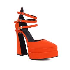 Introducing our orange platform heels! These beautiful shoes are perfect for any occasion. from a night out on the town to a special event. With their pointed toe and ankle strap. they are both stylish and comfortable. They also come in a variety of sizes so you can find the perfect fit. Upper: Patent Leather Lining: PU Outsole: Rubber Toe: Pointed Toe Closure: Buckle Strap Color: Light Blue. Orange. Purple Heel: 14.5cm/5.7'' Platform: 5cm/2'' is_handmade: Yes Orange Ankle Strap Heels With 4-inch Heel, Evening Chunky Platform Heels With Pointed Toe, Orange High Heel Platform Shoes, Orange Platform Heels With Round Toe, Orange Platform High Heels, Orange Platform Heels With High Heel, Pointed Toe Chunky Platform Heels For Night Out, Chunky Platform Heels With Pointed Toe For Night Out, Orange Heels With Heel Strap And Ankle Strap