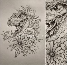 two drawings of dinosaurs with flowers on them