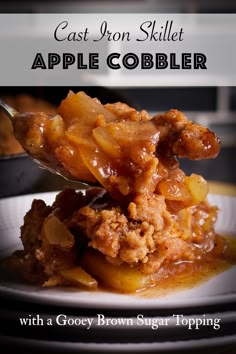 an apple cobbler on a plate with a spoon in it and the title overlay reads, cast iron skillet apple cobbler