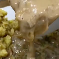 a close up of food on a plate with gravy and broccoli