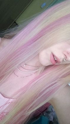 Light Pink With Blonde Hair, Blonde Hair Pastel Pink Highlights, Blond And Pink Split Dye, Blond And Light Pink Hair, Blonde Pink Streaks, Pink N Blonde Hair, Platinum Blonde Hair With Tinsel, Pretty Blonde Hair Colors, Rainbow And Blonde Hair