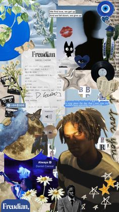 the collage is made up of many different images and words, including an image of a man with dreadlocks