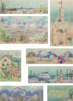 several pictures of beach scenes are shown in pastel pencils and watercolor on paper