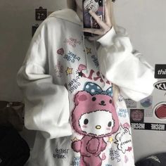 Oversized Kawaii Hoodie For Streetwear, Oversized Kawaii Hoodie Sweatshirt, Oversized Harajuku Hoodie With Cartoon Print, Kawaii Hoodie With Cartoon Print For Fall, Oversized Kawaii Sweatshirt For Winter, Oversized Kawaii Winter Sweatshirt, Oversized Kawaii Cartoon Print Sweatshirt, Oversized Kawaii Sweatshirt With Cartoon Print, Oversized Harajuku Hooded Hoodie