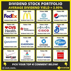 a poster with different logos and numbers on the front page, which reads divide stock portfolio average dividend yield = 3 95 % pick your top 4 comment below