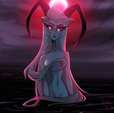 a cartoon character sitting in the water with red light shining on her face and eyes