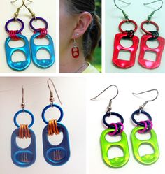 four pairs of earrings with different colors and designs hanging from earwires on white background