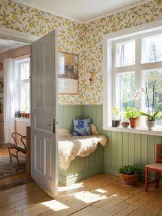 an open door leading into a room with green walls and wooden floors, potted plants on the window sill