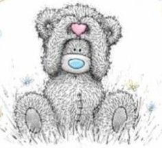 a drawing of a teddy bear with a heart on it's nose sitting in the grass