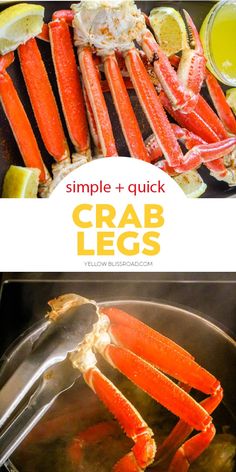 crab legs being cooked in a skillet with lemon wedges and sauce on the side