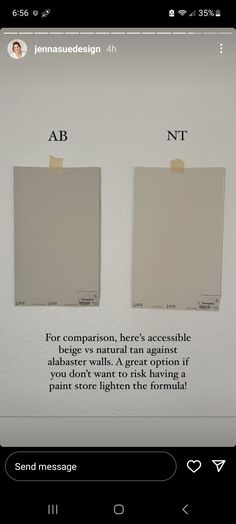 two different shades of paint are shown on the wall, one is white and the other is beige