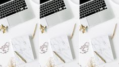 four photos of the same laptop on a white desk with gold decorations and other items