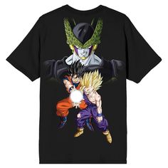 Unleash your inner Super Saiyan with this men's black Dragon Ball Z crew neck short sleeve t-shirt. This officially licensed shirt features a custom design with the iconic logo on the front and a captivating image of Cell, Goku, and Gohan on the back. Crafted with high-quality cotton, this t-shirt offers both comfort and style. It can be easily cared for by machine washing on cold with like colors and tumble drying on low heat. Elevate your Dragon Ball Z collection with this must-have t-shirt. Pop Culture T-shirt With Front And Back Print, Black T-shirt With Sublimation Print For Fan Events, Pop Culture Black T-shirt For Fan Merchandise, Black Pop Culture T-shirt For Fan Merchandise, Black Pop Culture T-shirt For Fan Events, Black Sublimation Print Fan Apparel T-shirt, Black Fan Apparel T-shirt With Sublimation Print, Black Short Sleeve T-shirt With Character Print, Black Graphic Tee For Fan Events