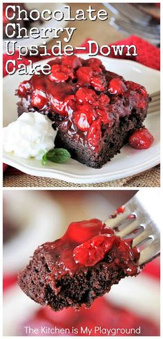 chocolate cherry upside down cake on a plate