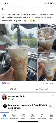 an instagram page with two cups of iced coffee in the middle and one cup filled with ice cream