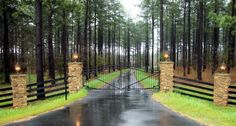 an open gated driveway leading into a lush green forest