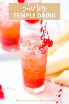 an image of a drink with ice and cherries on the rim text reads shanley temple drink