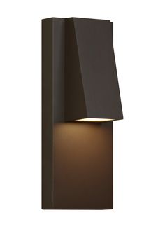 an outdoor wall light that is on the side of a white wall and has a brown shade