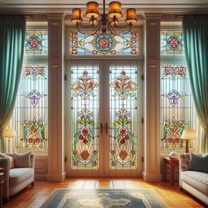 a living room filled with furniture and stained glass windows