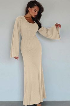 Introducing our elegant Ribbed Lace-up Long Sleeve Maxi Dress for Women. Made for the Autumn/Winter season, this solid bodycon dress features a unique lace-up design and ribbed texture for a stylish and comfortable fit. Stay fashionable and on-trend with our latest fashion piece. Elegant Knit Maxi Sweater Dress, Elegant Ribbed Knit Maxi Dress, Ribbed Fitted Maxi Sweater Dress, Luxury Ribbed Maxi Dress, Feminine Modesty, Beige Long Sleeve Ribbed Sweater Dress, Beige Outfits, Chic Fits, 2024 Prom