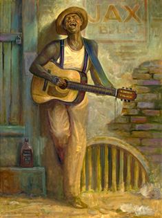 a painting of a man holding a guitar