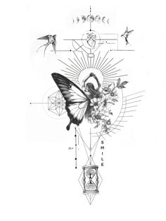 a black and white drawing of a butterfly on a flower with other drawings in the background