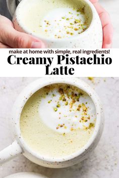 two mugs filled with creamy pistachio latte