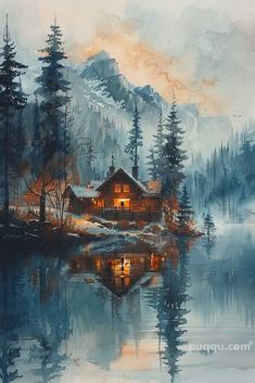 a painting of a cabin on a lake with mountains in the background and trees around it