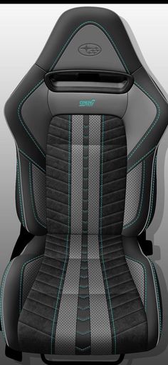 an image of a car seat that is black and grey with green stitching on it