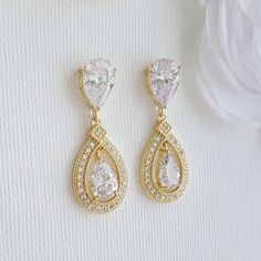 Gold Crystal Drop Earrings Weddings- Sarah - PoetryDesigns Gold Pear-shaped Teardrop Earrings With Sparkling Stones, Gold Teardrop Bridal Earrings With Sparkles, Wedding Teardrop Earrings With Halo Design, Gold Teardrop Crystal Earrings With Sparkling Stones, Gold Teardrop Earrings With Sparkling Stones, Pear-shaped Teardrop Earrings With Halo Design For Wedding, Gold Teardrop Cubic Zirconia Earrings For Formal Occasions, Gold Cubic Zirconia Teardrop Earrings For Wedding, Formal Gold Cubic Zirconia Teardrop Earrings