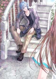 an anime character sitting on the steps next to another person with long hair and blue eyes