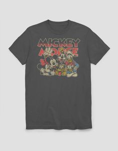 mickey mouse and friends t - shirt in charcoal grey with the words mickey mouse on it