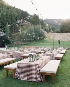 an outdoor dining area with tables and benches covered in checkered tablecloths, surrounded by string lights