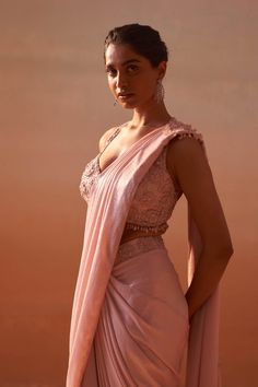 Nitika Gujral Rose Pink Draped Sari And Blouse | Indiaspopup.com – INDIASPOPUP.COM Cut Blouse, Stone Work, Pink Saree, Pink Fabric, Lehenga Choli, Ethnic Fashion, Modern Fashion, Saree Wedding, Rose Pink