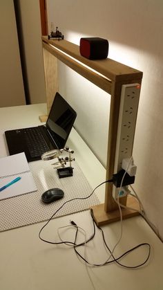 a laptop computer sitting on top of a desk next to a mouse and other electronics