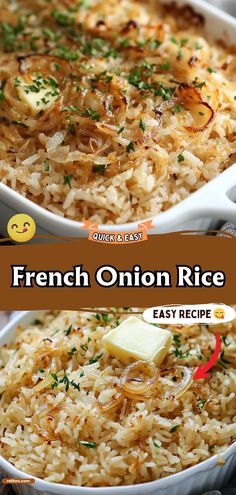 an image of french onion rice in a casserole dish with text overlay