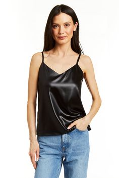 Introducing the Nairi Crinkled Nappa Satin Tank, a versatile black tank top perfect for layering with any outfit. Made from high-quality satin material, this tank provides a luxurious feel while also maintaining a lightweight and comfortable fit. Enhance your wardrobe with this elegant staple piece! Black Satin Top Outfit, Black Satin Top, Cami Nyc, Fabric Black, Black Tank Top, Satin Top, Stretch Satin, Satin Material, Trina Turk